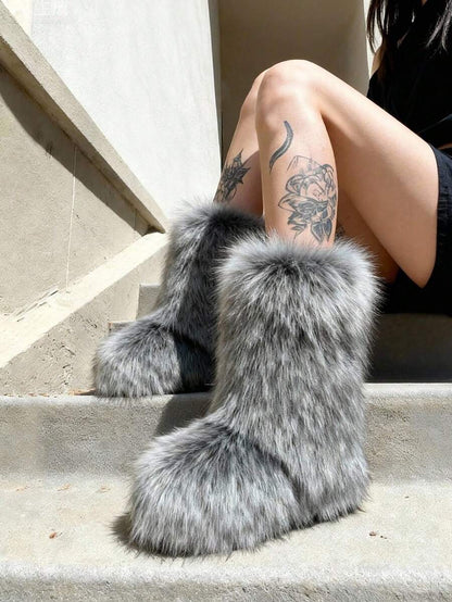 Women's Winter Furry Snow Boots Fuzzy Fluffy Round Toe Suede Booties Flat Heel Slip On Outdoor Indoor Shoes Fashion Warm Fluffy Shoes Mensa