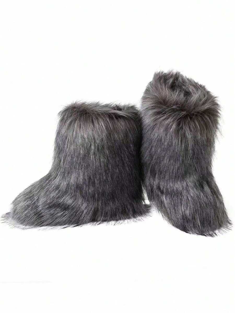 Women's Winter Furry Snow Boots Fuzzy Fluffy Round Toe Suede Booties Flat Heel Slip On Outdoor Indoor Shoes Fashion Warm Fluffy Shoes Mensa