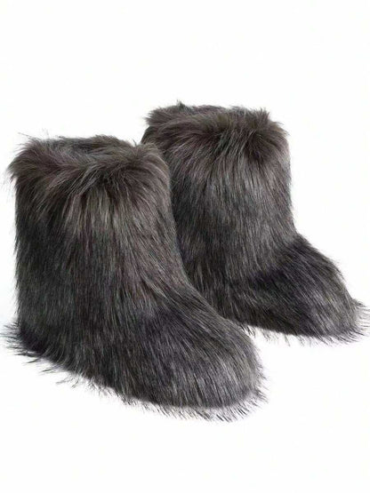 Women's Winter Furry Snow Boots Fuzzy Fluffy Round Toe Suede Booties Flat Heel Slip On Outdoor Indoor Shoes Fashion Warm Fluffy Shoes Mensa