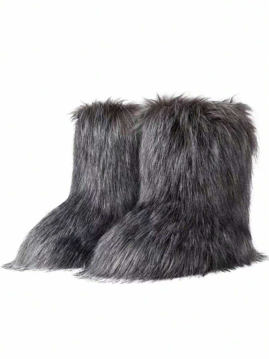 Women's Winter Furry Snow Boots Fuzzy Fluffy Round Toe Suede Booties Flat Heel Slip On Outdoor Indoor Shoes Fashion Warm Fluffy Shoes Mensa