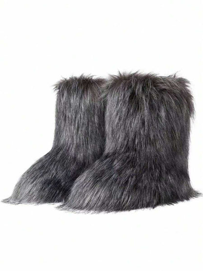 Women's Winter Furry Snow Boots Fuzzy Fluffy Round Toe Suede Booties Flat Heel Slip On Outdoor Indoor Shoes Fashion Warm Fluffy Shoes Mensa