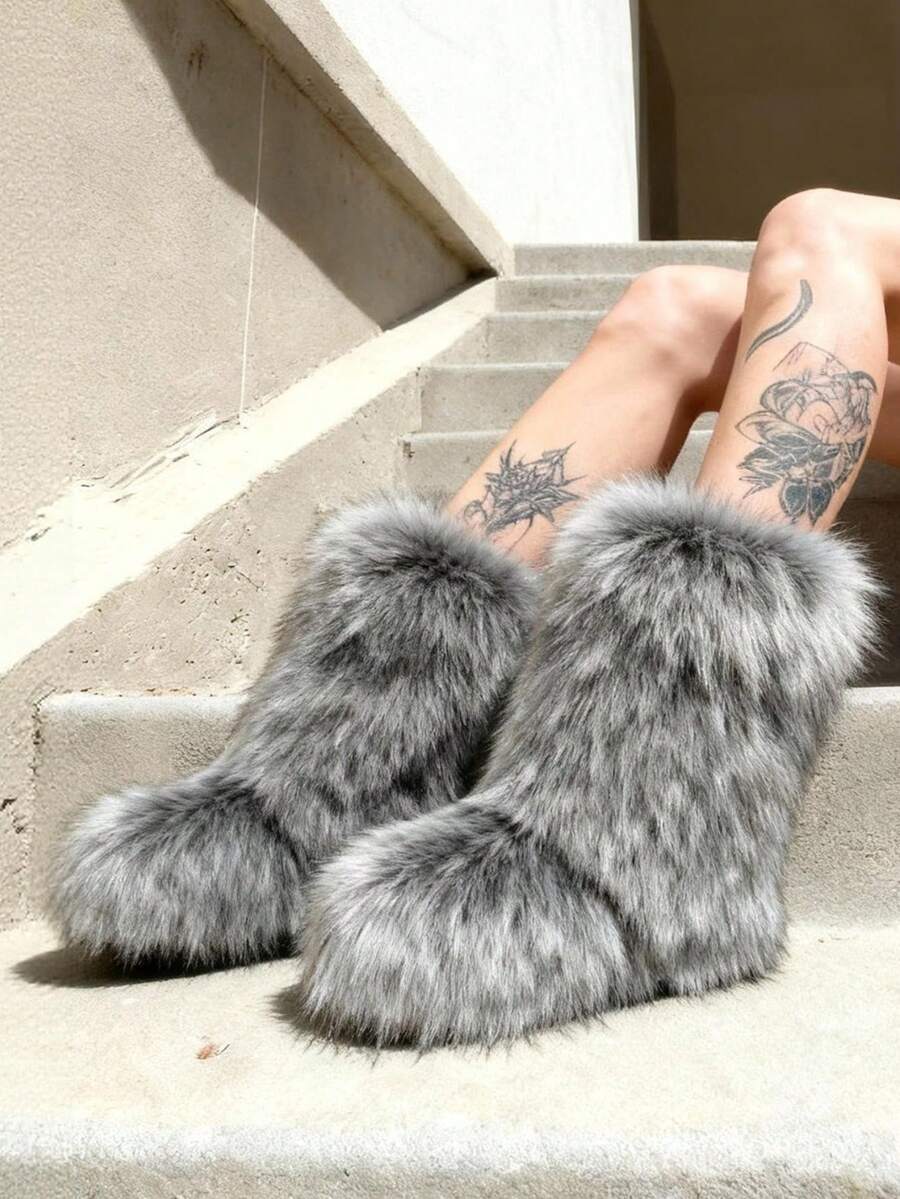 Women's Winter Furry Snow Boots Fuzzy Fluffy Round Toe Suede Booties Flat Heel Slip On Outdoor Indoor Shoes Fashion Warm Fluffy Shoes Mensa