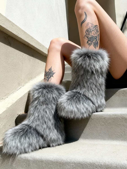 Women's Winter Furry Snow Boots Fuzzy Fluffy Round Toe Suede Booties Flat Heel Slip On Outdoor Indoor Shoes Fashion Warm Fluffy Shoes Mensa