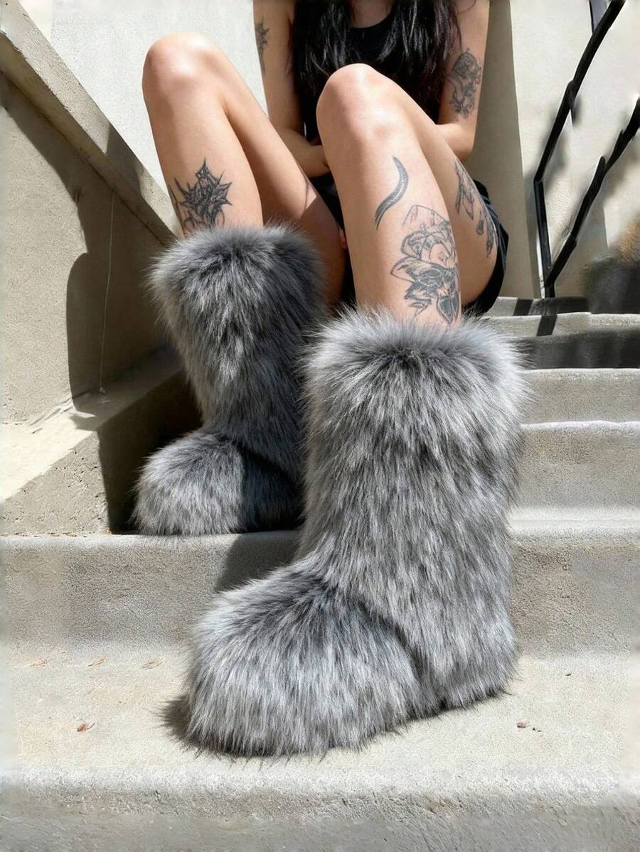 Women's Winter Furry Snow Boots Fuzzy Fluffy Round Toe Suede Booties Flat Heel Slip On Outdoor Indoor Shoes Fashion Warm Fluffy Shoes Mensa