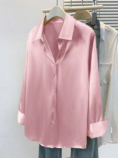 Women's Satin Button Down Shirt, Collared Long Sleeve Silky Blouse for Work and Evening - Burgundy
