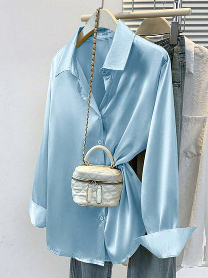 Women's Satin Button Down Shirt, Collared Long Sleeve Silky Blouse for Work and Evening - Gold