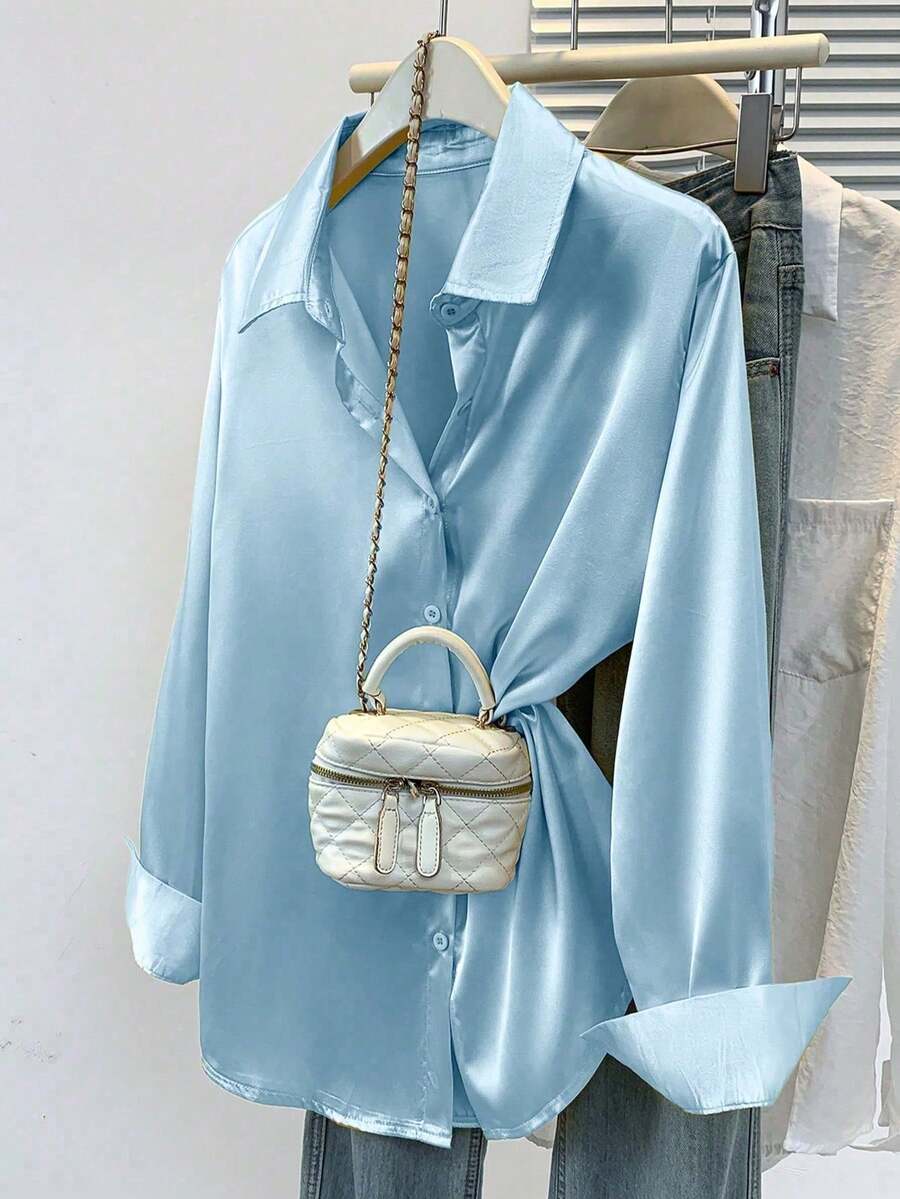 Women's Satin Button Down Shirt, Collared Long Sleeve Silky Blouse for Work and Evening - Pink