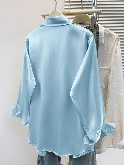 Women's Satin Button Down Shirt, Collared Long Sleeve Silky Blouse for Work and Evening - Blue