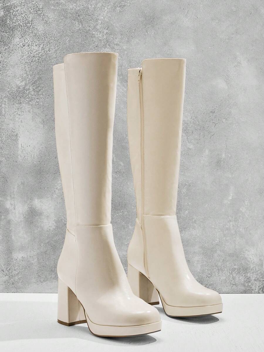 SHUZIA Women's Knee High Platform Block Heel Pu + Lycra Casual Boots For Christmas Valentine's Day Mensa