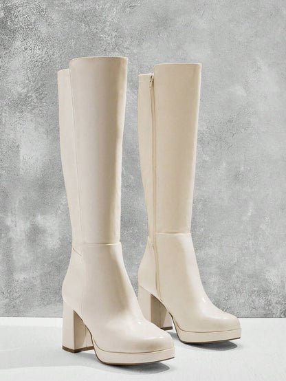 SHUZIA Women's Knee High Platform Block Heel Pu + Lycra Casual Boots For Christmas Valentine's Day Mensa