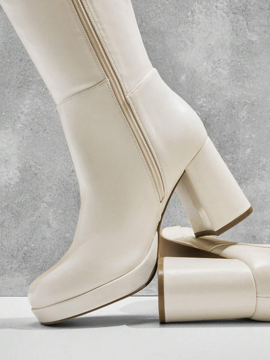 SHUZIA Women's Knee High Platform Block Heel Pu + Lycra Casual Boots For Christmas Valentine's Day Mensa