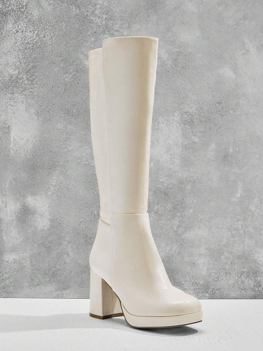 SHUZIA Women's Knee High Platform Block Heel Pu + Lycra Casual Boots For Christmas Valentine's Day Mensa