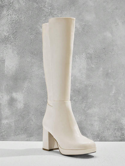SHUZIA Women's Knee High Platform Block Heel Pu + Lycra Casual Boots For Christmas Valentine's Day Mensa