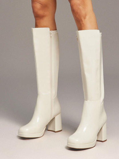 SHUZIA Women's Knee High Platform Block Heel Pu + Lycra Casual Boots For Christmas Valentine's Day Mensa