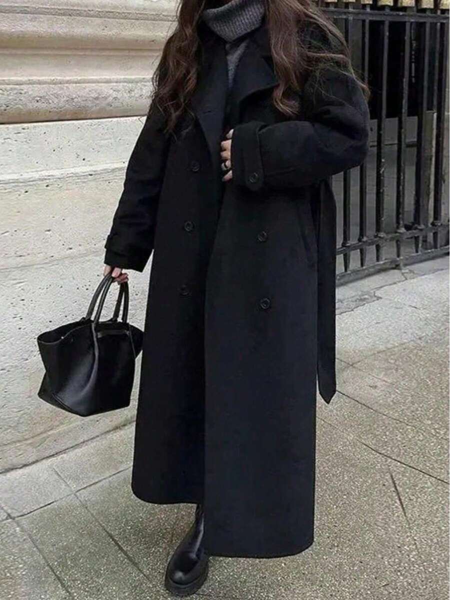 Laurel Double Breasted Belted Long Coat with Peak Lapels - Black