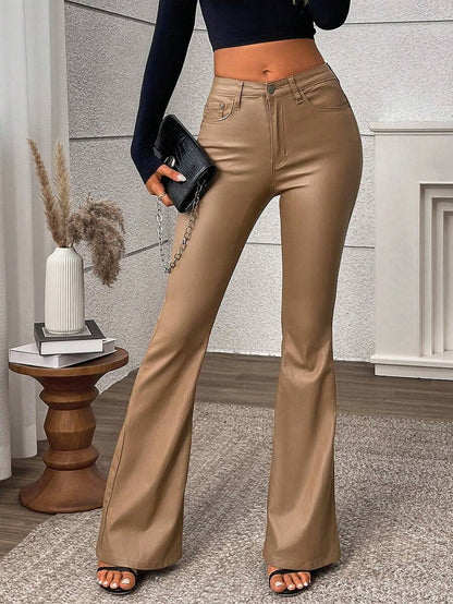 Canmore Coated Faux Leather Flare Pants for Tall Women - Camel