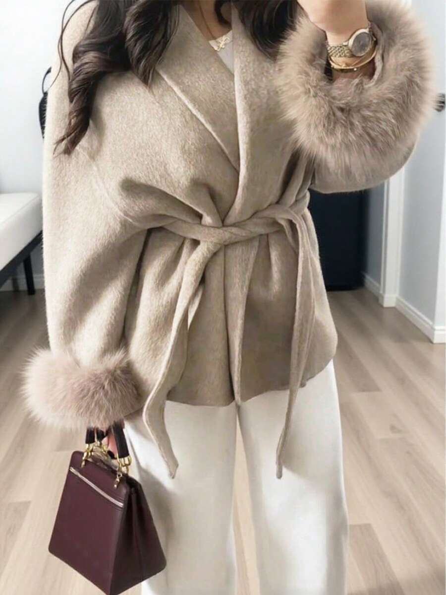 Flavia Belted Wrap Coat with Faux Fur Cuffs and Shawl Collar - Beige