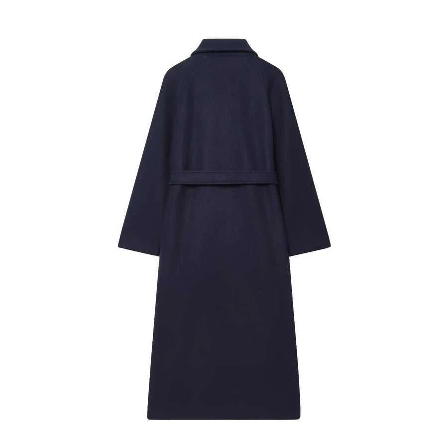 Laurel Double Breasted Belted Long Coat with Peak Lapels - Navy