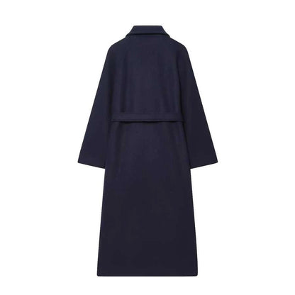 Laurel Double Breasted Belted Long Coat with Peak Lapels - Navy