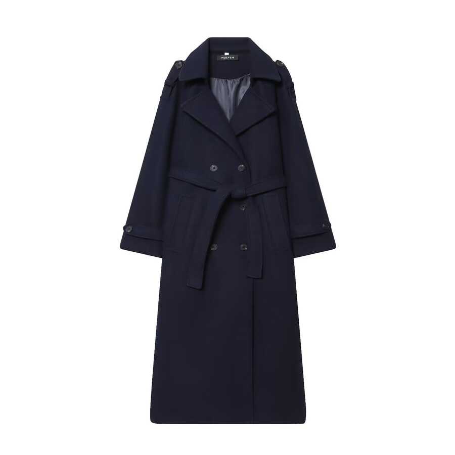 Laurel Double Breasted Belted Long Coat with Peak Lapels - Navy