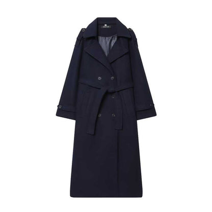 Laurel Double Breasted Belted Long Coat with Peak Lapels - Navy