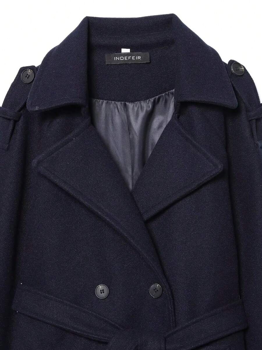 Laurel Double Breasted Belted Long Coat with Peak Lapels - Navy