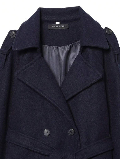 Laurel Double Breasted Belted Long Coat with Peak Lapels - Navy