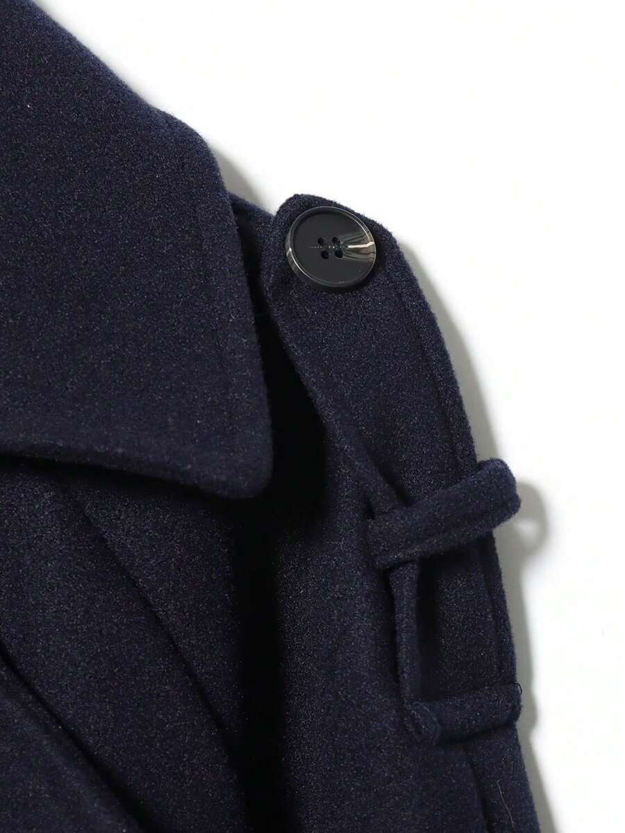 Laurel Double Breasted Belted Long Coat with Peak Lapels - Navy