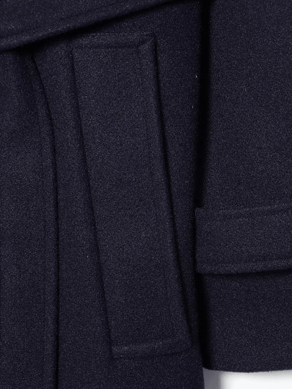 Laurel Double Breasted Belted Long Coat with Peak Lapels - Navy