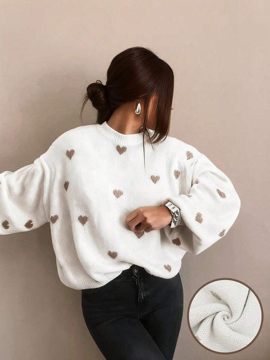 Cumbria Heart Pattern Loose Knit Sweater - White