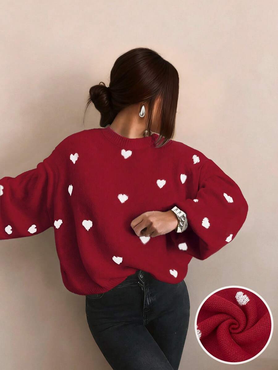 Cumbria Heart Pattern Loose Knit Sweater - Red