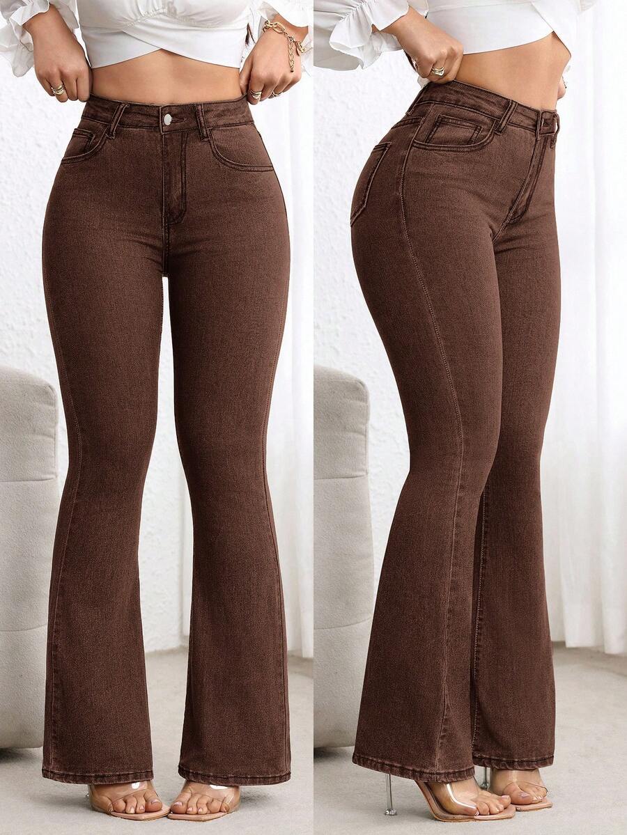 Zakopane High Waist Stretch Flare Jeans - Apricot