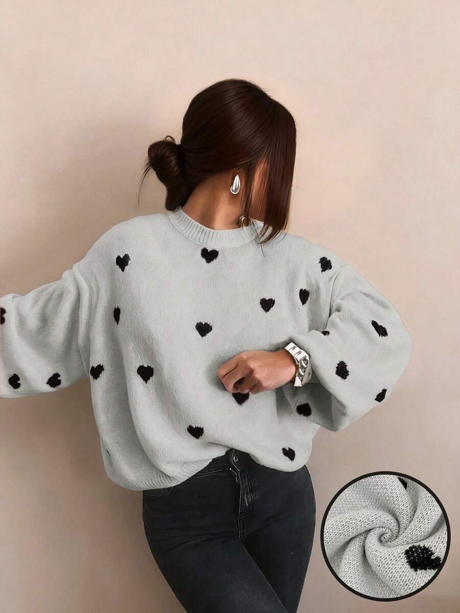 Cumbria Heart Pattern Loose Knit Sweater - Grey