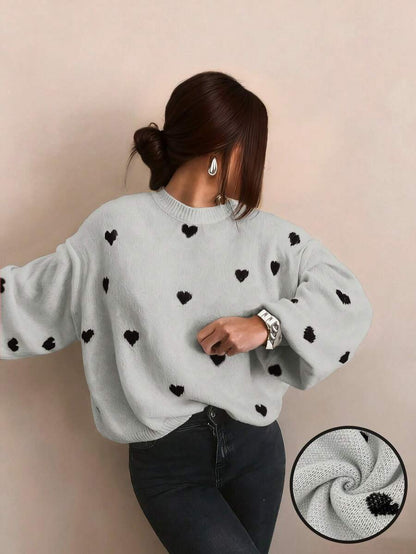 Cumbria Heart Pattern Loose Knit Sweater - Grey