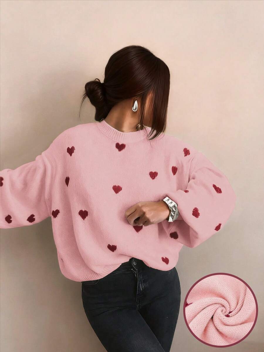 Cumbria Heart Pattern Loose Knit Sweater - Baby Pink