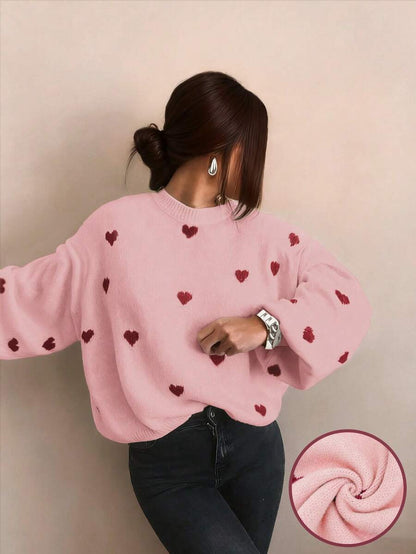 Cumbria Heart Pattern Loose Knit Sweater - Baby Pink