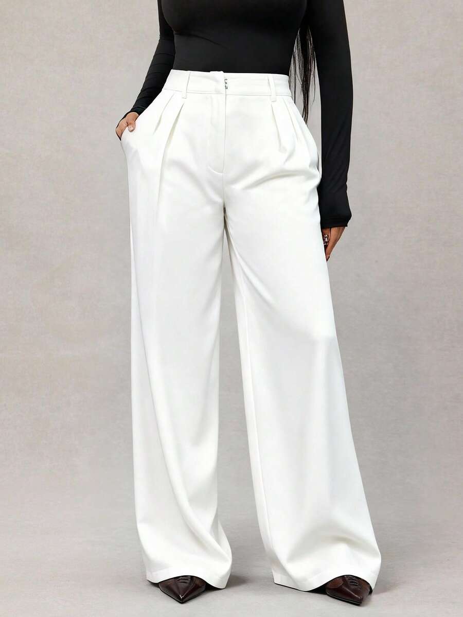 Theodora High Waist Pleated Oversized Wide Leg Suit Trousers - White
