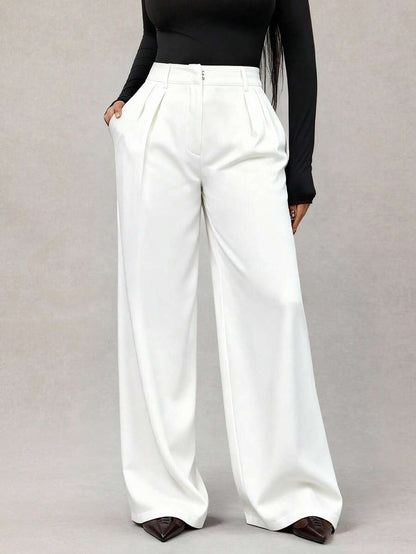 Theodora High Waist Pleated Oversized Wide Leg Suit Trousers - White