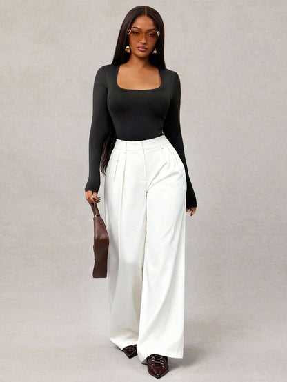Theodora High Waist Pleated Oversized Wide Leg Suit Trousers - White