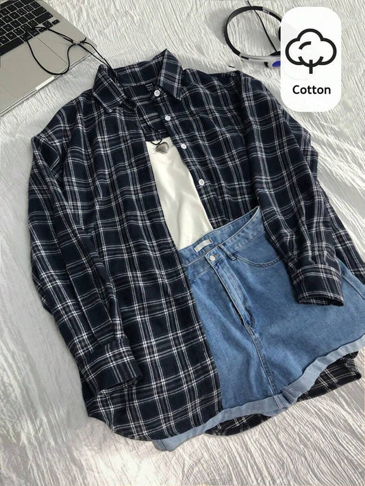 Maeve Vintage Plaid Loose Fit Shirt - Black and White