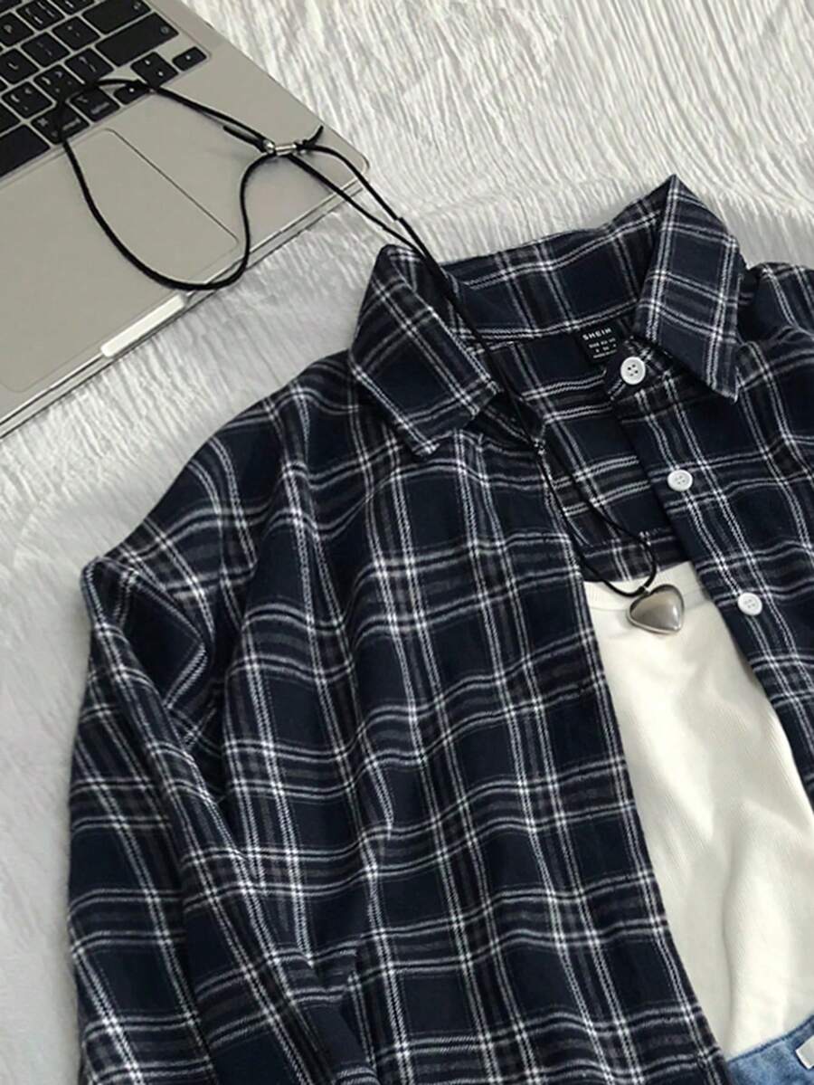 Maeve Vintage Plaid Loose Fit Shirt - Black and White