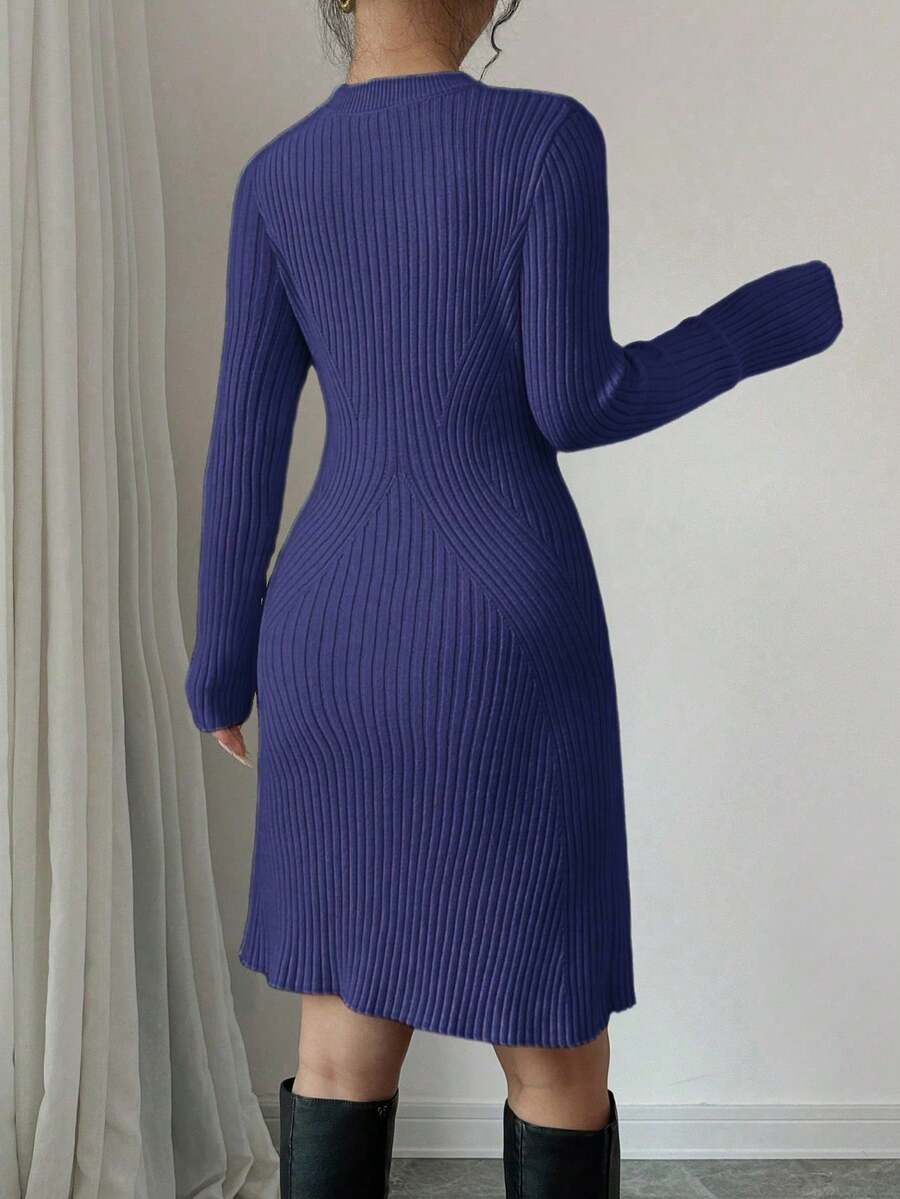 Serena Fitted Ribbed Knit Mock Neck Long Sleeve Sweater Dress - Royal Blue