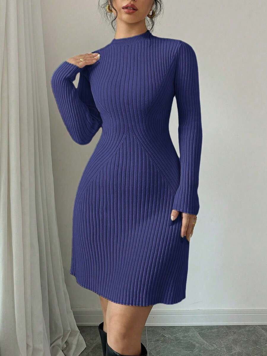 Serena Fitted Ribbed Knit Mock Neck Long Sleeve Sweater Dress - Royal Blue
