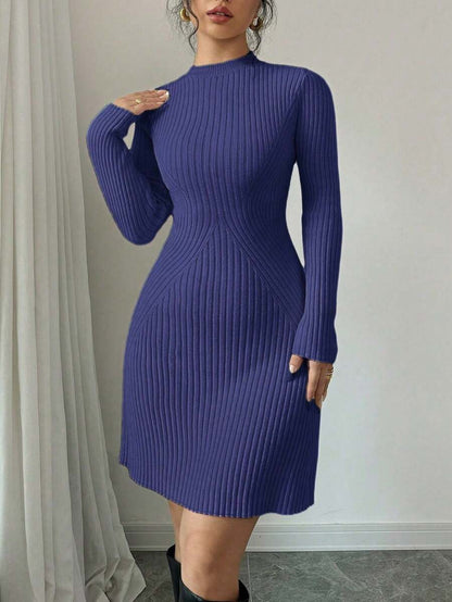 Serena Fitted Ribbed Knit Mock Neck Long Sleeve Sweater Dress - Royal Blue