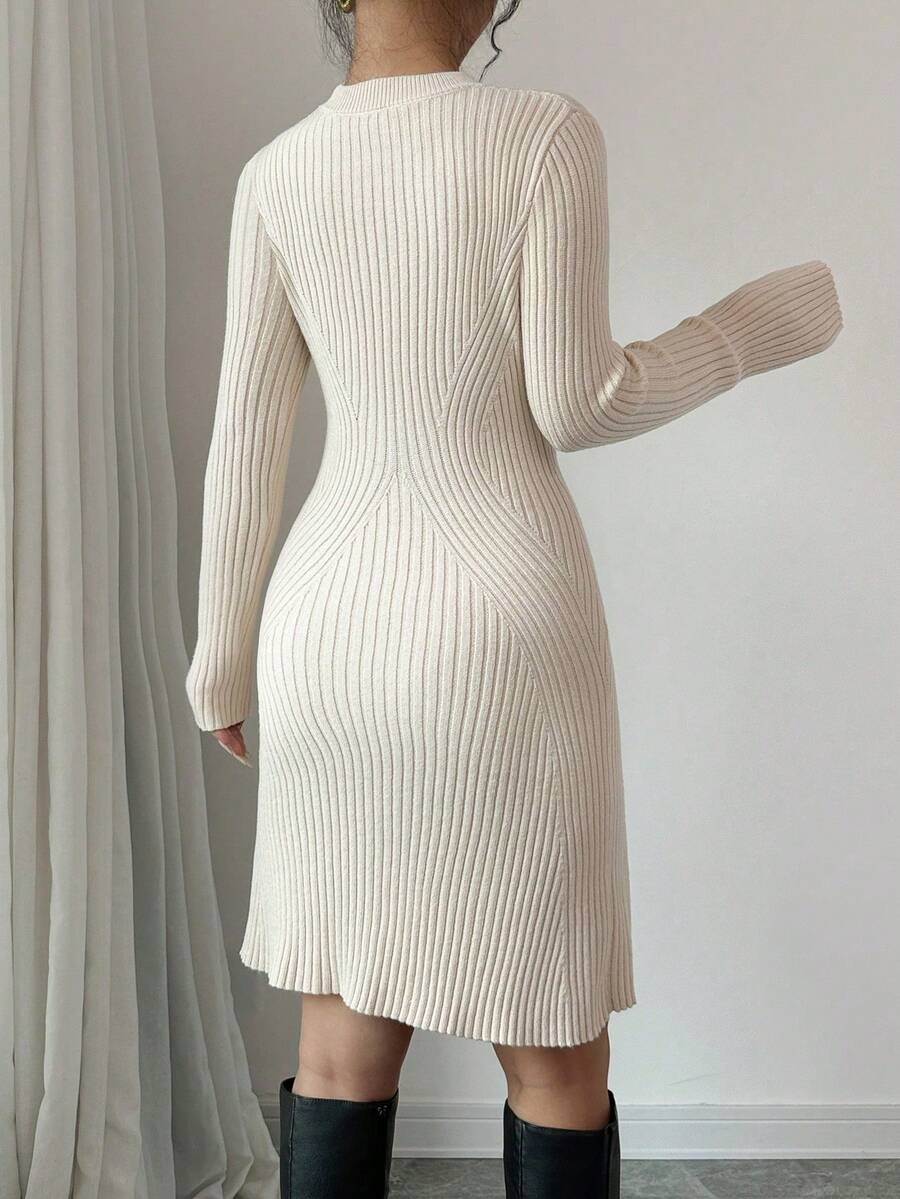 Serena Fitted Ribbed Knit Mock Neck Long Sleeve Sweater Dress - Cream