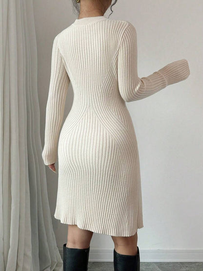 Serena Fitted Ribbed Knit Mock Neck Long Sleeve Sweater Dress - Cream