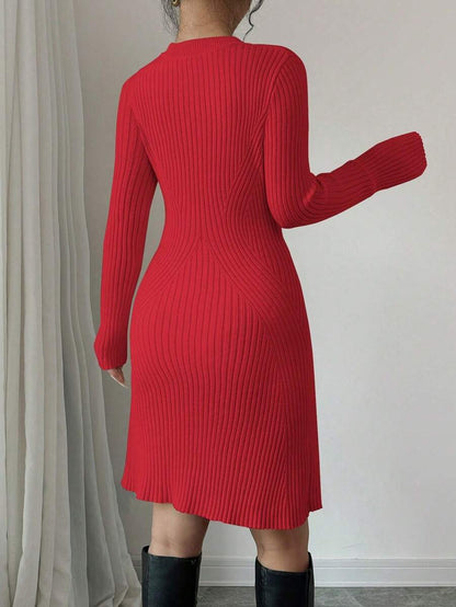 Serena Fitted Ribbed Knit Mock Neck Long Sleeve Sweater Dress - Red