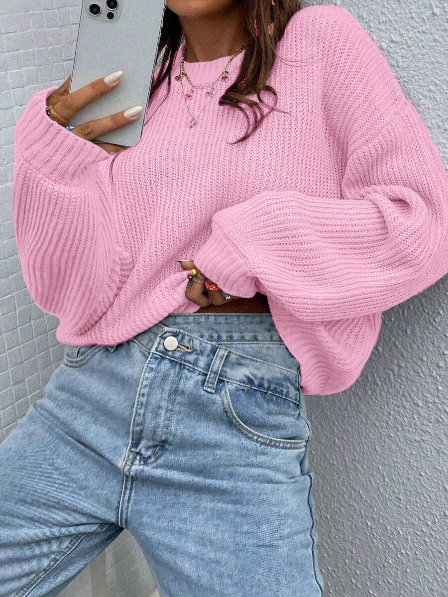 Reese Striped Round Neck Drop Shoulder Sweater - Pink