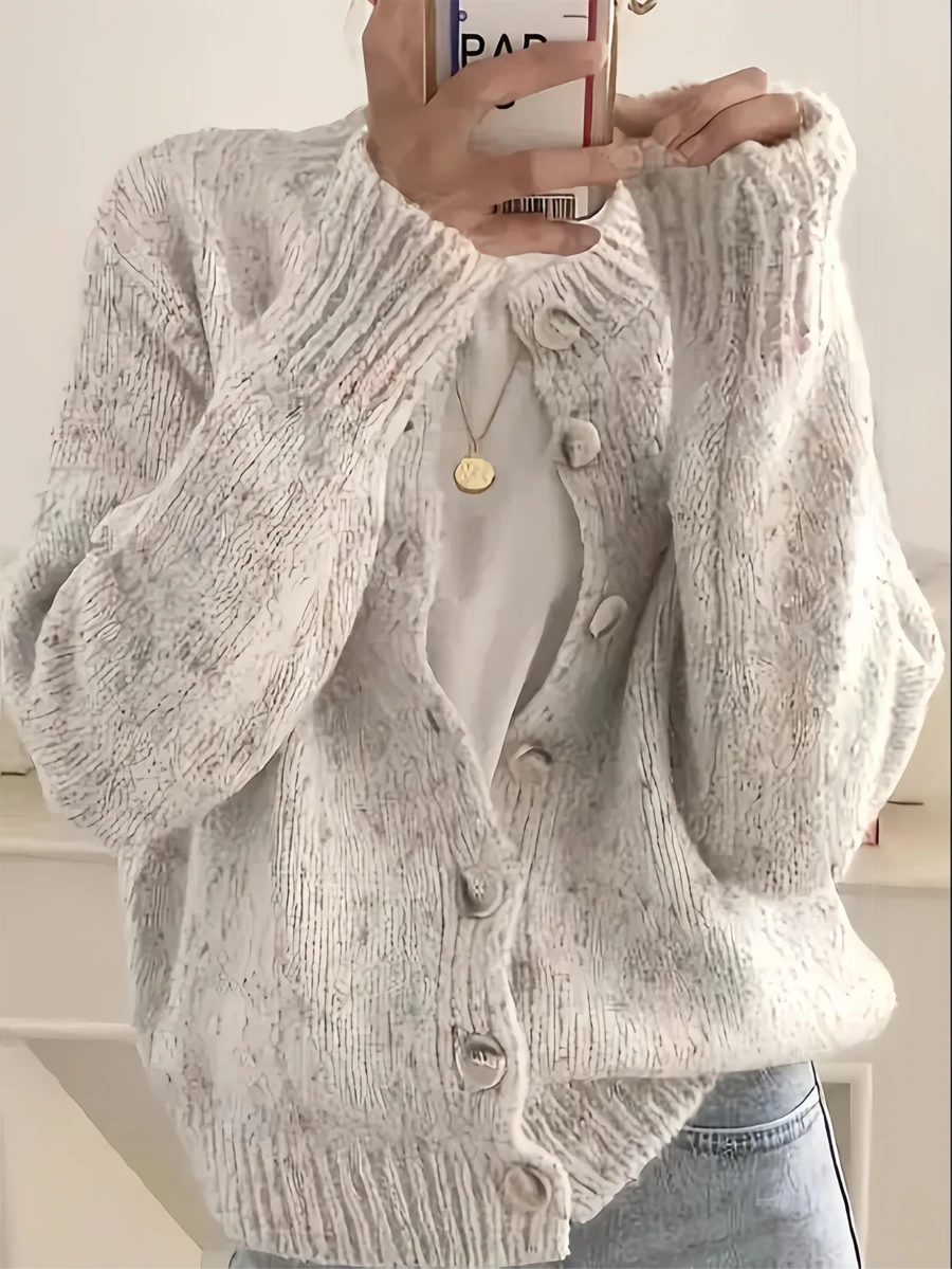 Kinsale Speckled Knit Crew Neck Button Front Cardigan