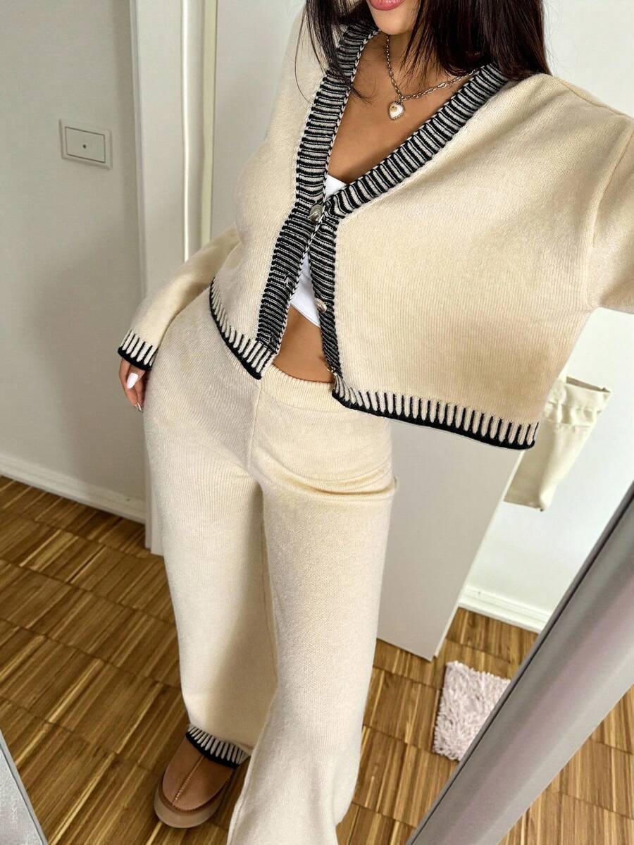Domenica Contrast Trim Cropped Cardigan and Knit Pants Set - Army Green